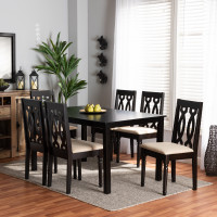 Baxton Studio RH334C-Sand/Dark Brown-7PC Dining Set Cherese Modern and Contemporary Sand Fabric Upholstered and Dark Brown Finished Wood 7-Piece Dining Set